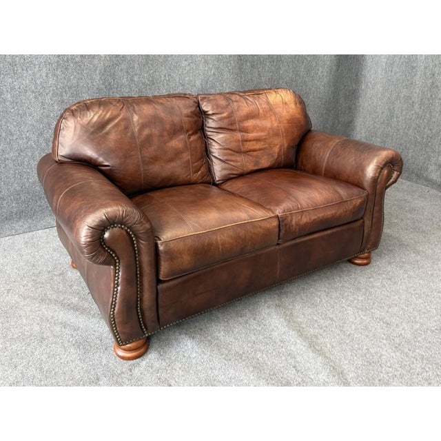 American Thomasville Traditional Brown Leather Loveseat For Sale - Image 3 of 12