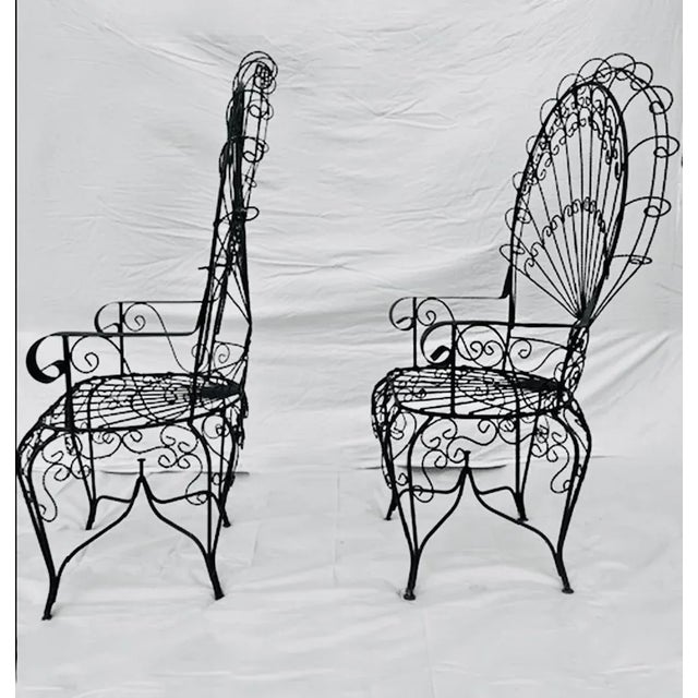 Wrought Iron Peacock Chairs After Salterini With Custom Outdoor Cushions , a Pair, Attributed For Sale - Image 6 of 6