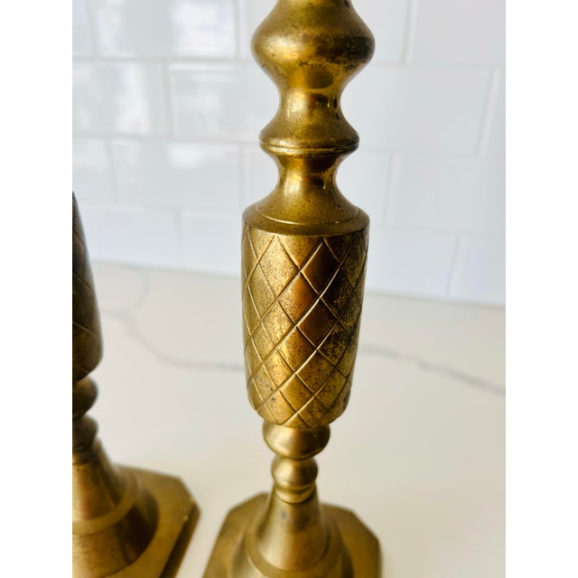 Mid-Century Modern Vintage Brass Candlesticks a Pair For Sale - Image 3 of 9