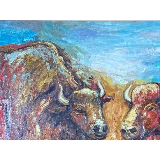 Late 20th Century Oversized Mid-Century Western Expressionist Bison Buffalo Original Impasto Oil Painting Gallery Wrap Canvas For Sale In Portland, ME - Image 6 of 12