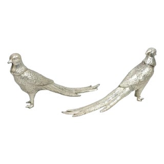 Vintage Mid Century Modern Silver Plated Pheasant Peacock Bird Figurines - Pair For Sale