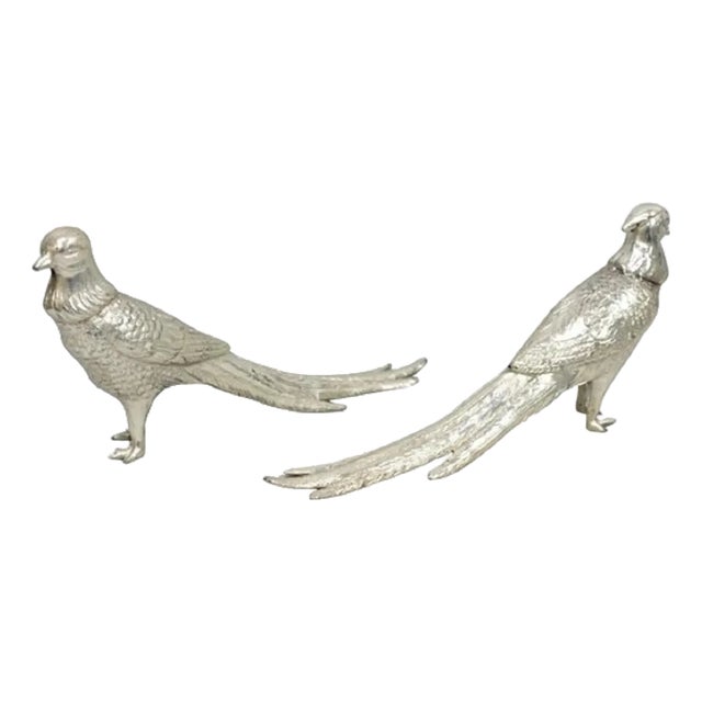 Vintage Mid Century Modern Silver Plated Pheasant Peacock Bird Figurines - Pair For Sale