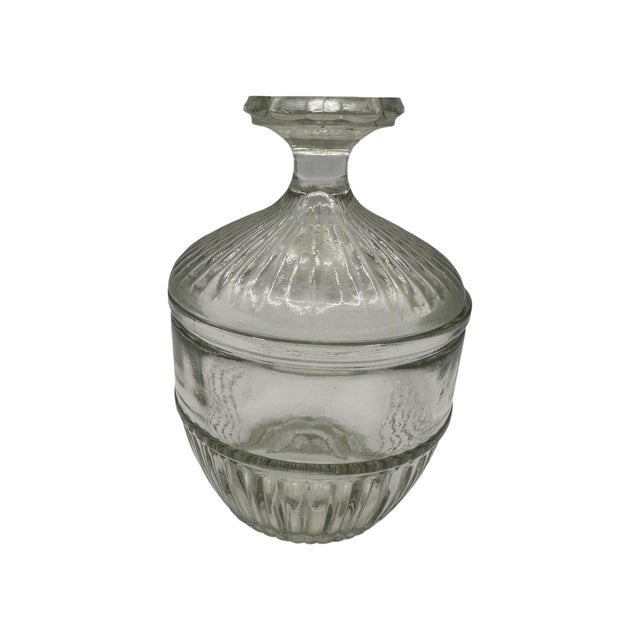 Mid-Century Modern Vintage Clear Glass Lidded Vanity Jar With Ribbed Base For Sale - Image 3 of 12