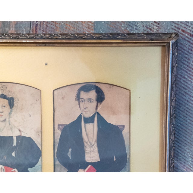 American 19th Century Folk Art Americana Miniature Double Portrait Water Color Paintings For Sale - Image 3 of 12