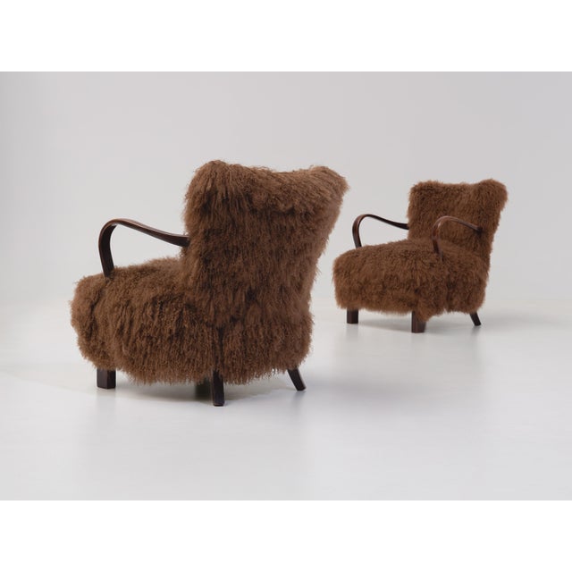 Art Deco Scandinavian Armchairs in Curly Caramel Brown Mongolian Sheepskin, 1950s, Set of 2, in Very Good conditions....