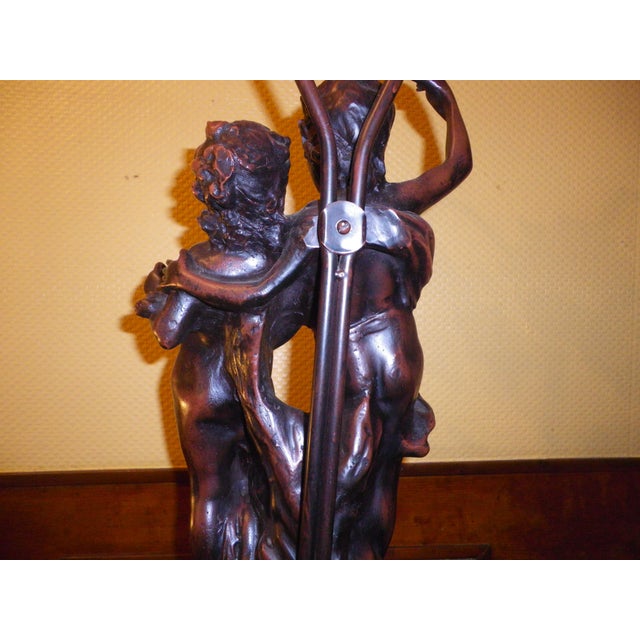 Metal Sculpture of Putti Table Lamp with Amber Molded Glass Tulip Shades in the style of Aug. Moreau, 1890s For Sale - Image 7 of 18