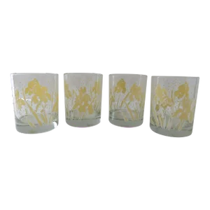 Vintage Georges Briard Yellow Iris Low Ball Glasses, Signed - Set of 4