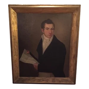 Early 19th Century New York State Portrait of a Man Holding a Letter Oil Painting on Canvas in Gilt Wood Frame