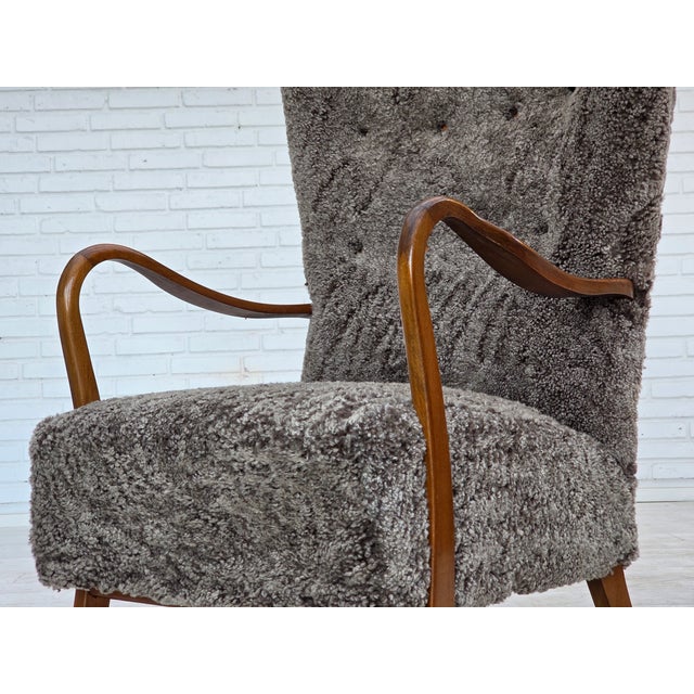 Set of Danish Armchair with Ottoman in Genuine Sheepskin For Sale - Image 4 of 18