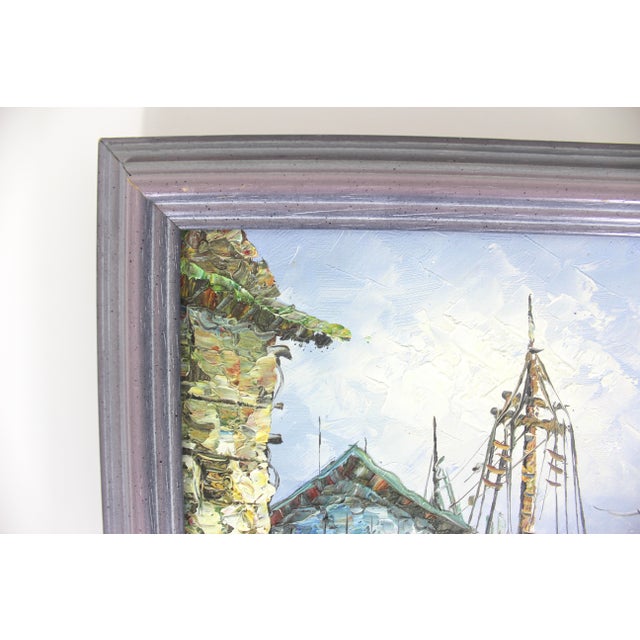 Mid 20th Century Signed Vintage Oil Painting, Marina Sailboats, Mid-Century Nautical Art For Sale - Image 5 of 9