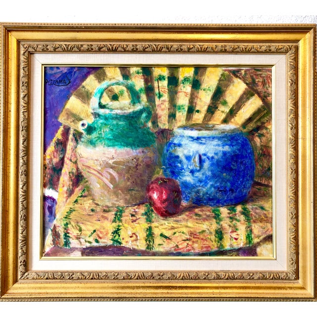Yoshio Aoyama, Japanese Fauvist Colorful Oil Painting Chinese Ceramic Jars with Fan and Apple, 1981 For Sale In Miami - Image 6 of 10