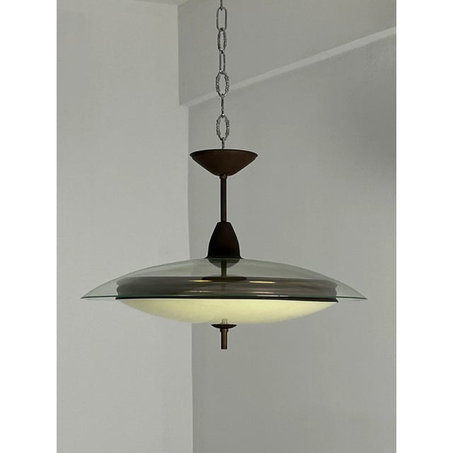 1950s Murano glass chandelier in the style of Fontana Arte. Three-light brass structure, E14 bulbs. Glass intact. Good...