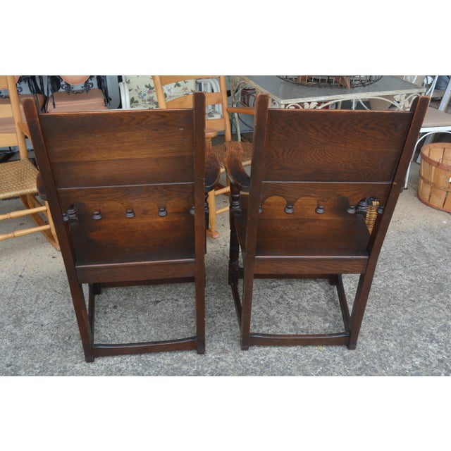 1940s Vintage Carved Pair of j.e. Ware Furniture Wainscot Wood Side / Dining Chairs Medieval / Thrones For Sale - Image 10 of 16