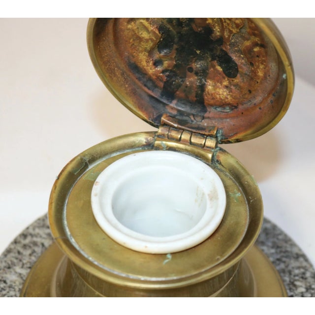 Large Antique British Coat of Arms Gilt Bronze Brass Marble Writing Desk Inkwell For Sale - Image 10 of 11