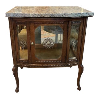1900s Antique Oak Glass and Stone French Style Vitrine Cabinet With Velvet Interior For Sale