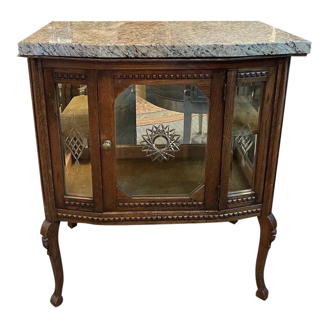 1900s Antique Oak Glass and Stone French Style Vitrine Cabinet With Velvet Interior For Sale