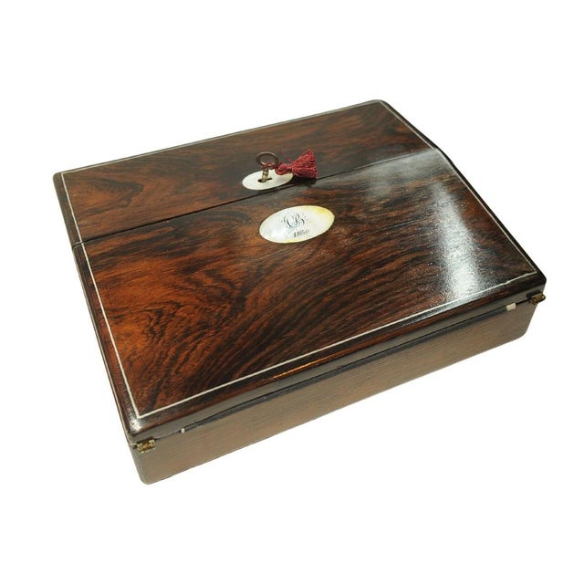 Blue 19th Century Rosewood Writing Slope with Inlay, Set of 5 For Sale - Image 8 of 13