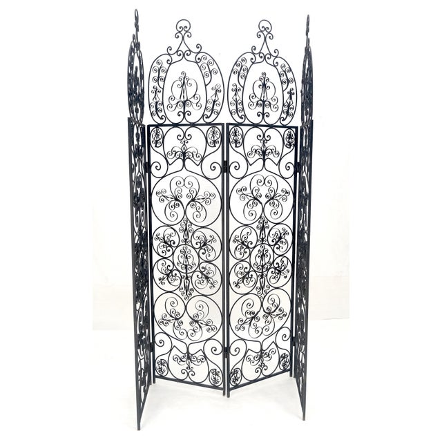 Mid-Century Modern Fine Wrought Iron Scrolls Motif 4 panels Room Divider c1970s MINT For Sale - Image 3 of 15