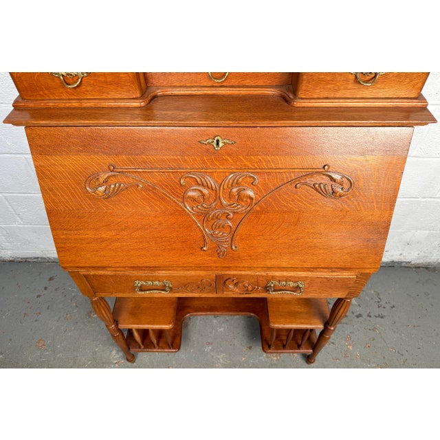Early 19th Century Victorian Antique Golden Oak Slant Front Secretary Desk Etagere For Sale - Image 10 of 16