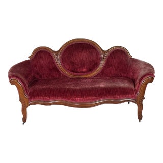 Antique Victorian Carved Walnut Triple Back Cranberry Velvet Settee For Sale