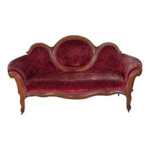 Antique Victorian Carved Walnut Triple Back Cranberry Velvet Settee