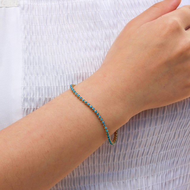 Nina Zhou Natural Turquoise Tennis Bracelet in 14k Yellow Gold For Sale - Image 9 of 11