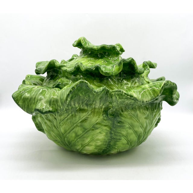 20th Century Green Majolica Cabbage Tureen With Ladle Chairish