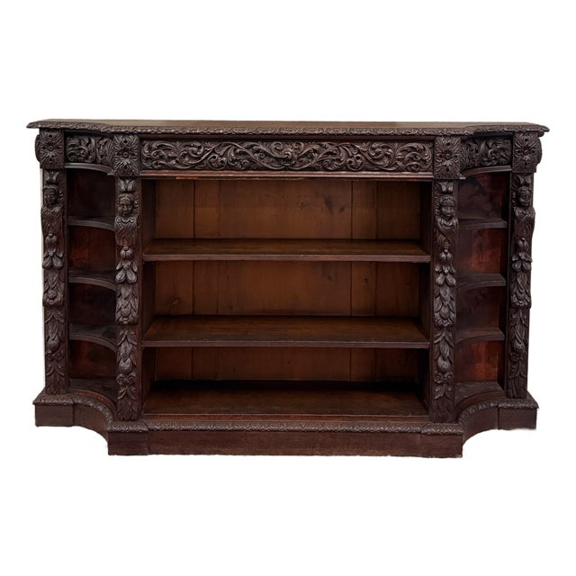 Antique French Renaissance Revival Style Carved Bookcase Bookshelf Oak c.1890s For Sale