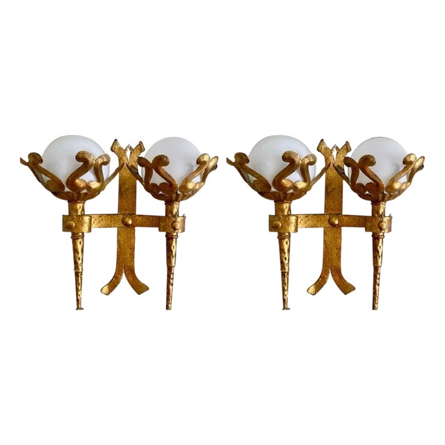 Spanish Wall Light in Gilt Iron with Milk Glass Globes, 1950, Set of 2 For Sale