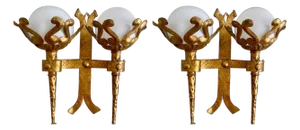 Spanish Wall Light in Gilt Iron with Milk Glass Globes, 1950, Set of 2
