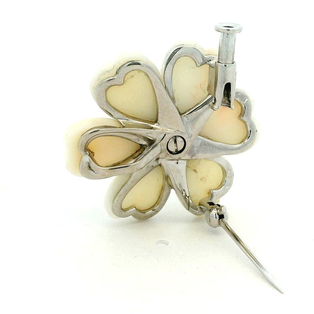 Vintage Italian 18k White Gold Mother-of-Pearl Diamond Flower Brooch, 1970s For Sale - Image 4 of 16