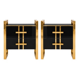 Black Glass and Brass Bedside Tables with Two Drawers from Justfurnituress SRL, Set of 2 For Sale