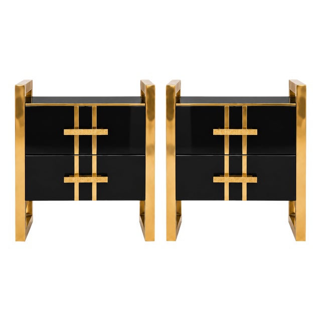 Black Glass and Brass Bedside Tables with Two Drawers from Justfurnituress SRL, Set of 2 For Sale