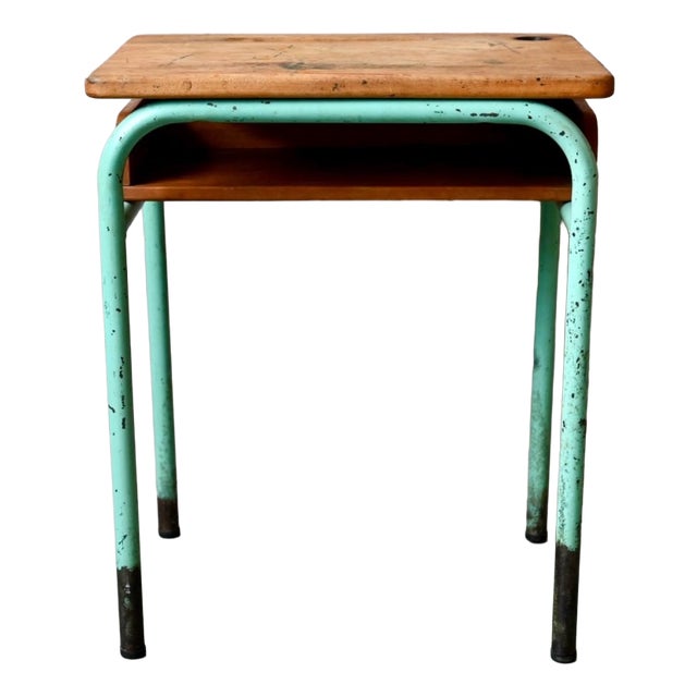 Vintage School Desk in Mint Green Metal and Wood, 1950s For Sale