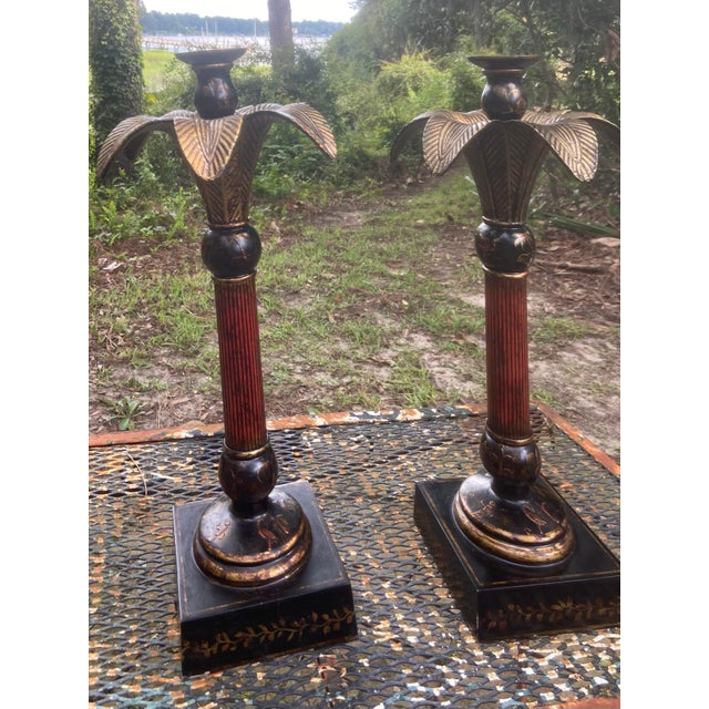 Metal Hollywood Regency Chinoiserie Tall Candlestick Holders - Pair - 19.25” H For Sale - Image 7 of 9