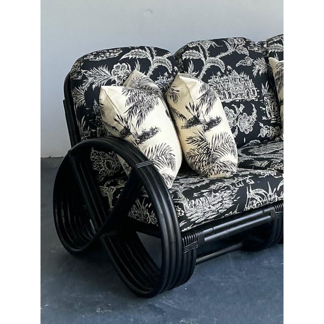 Vintage Black Rattan Sofa in Quadrille “Royal Journey” For Sale In West Palm - Image 6 of 18