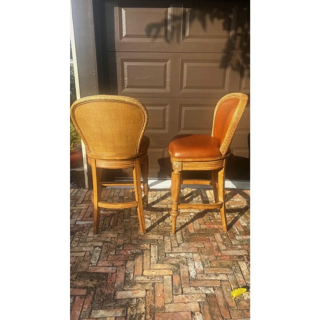 2000 - 2009 2000s Tommy Bahama Swivel Leather Bar Stools- A Pair For Sale - Image 5 of 9