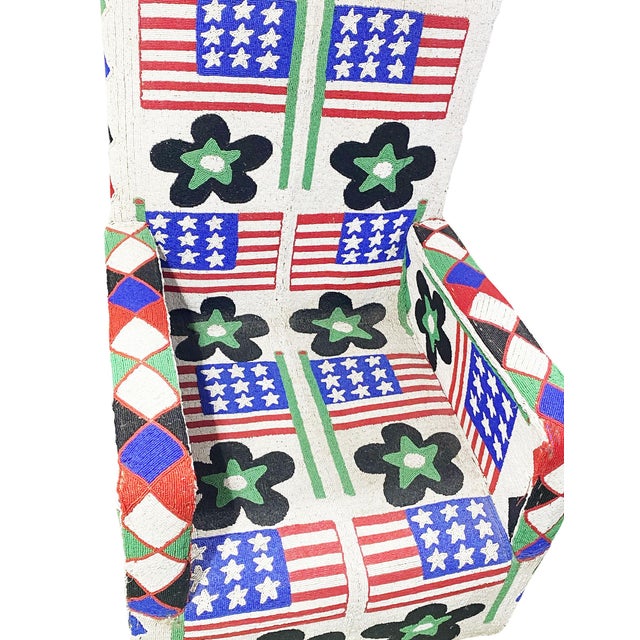 Wood Vintage African Nobility Nigerian Yoruba Beaded ArmChair W/ Stylized American Flags. For Sale - Image 7 of 11