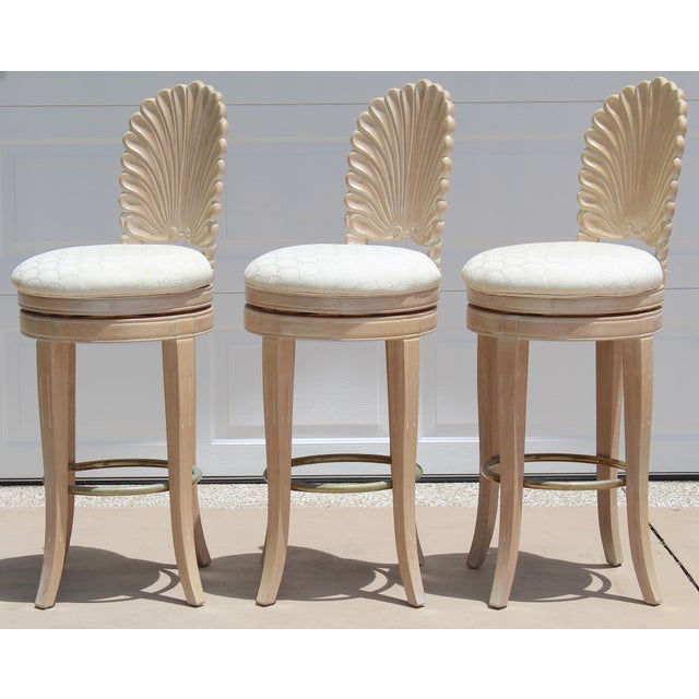1980s Vintage Italian Hollywood Regency Grotto Shell-Back Swivel Bar Stools - Set of 3 For Sale - Image 14 of 18