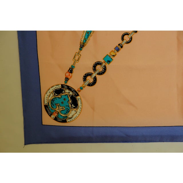Salmon CARTIER Silk Scarf Blue and Salmon Precious Jewels New in Box Paris France For Sale - Image 8 of 12