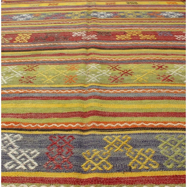 Vintage Turkish Kilim Rug in Yellow, Red, Green, and Blue With Tribal Motifs For Sale In Atlanta - Image 6 of 13
