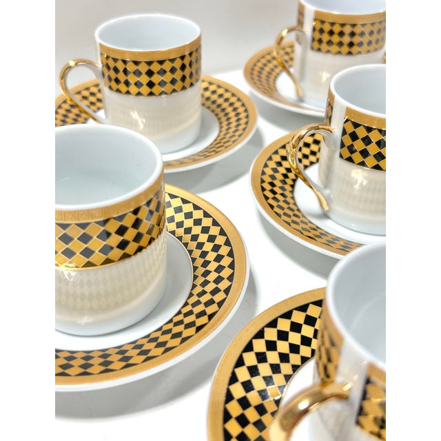 Vintage Black & Gold Harlequin Porcelain Espresso Cups & Saucers, Set of 6 For Sale - Image 4 of 10