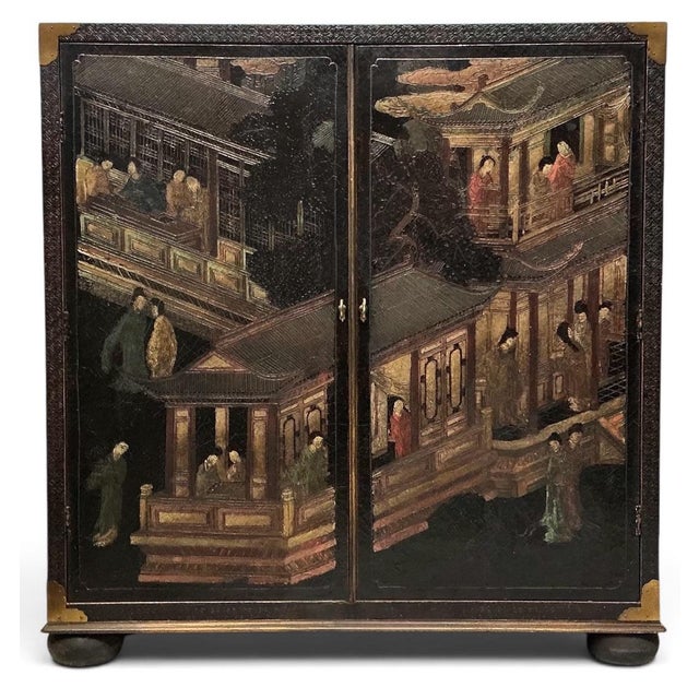 Black Chinoiserie Black Lacquer Bar Cabinet W/ Palace Pavilion Ascending Dragon For Sale - Image 8 of 8