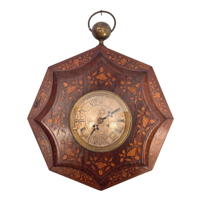 19th Century Marquetry Wall Clock With Floral Inlay For Sale