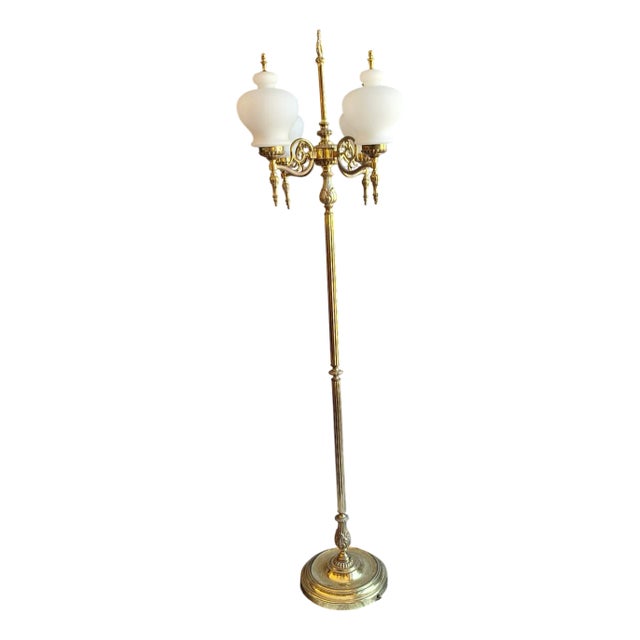 Vintage Floor Lamp with Decorated Brass Frame and Four Opaque White Glass Shades, 1970s For Sale