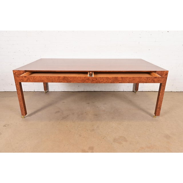 1970s Milo Baughman Style Mid-Century Modern Burl Wood Parsons Dining Table or Executive Desk, Newly Refinished For Sale - Image 5 of 13