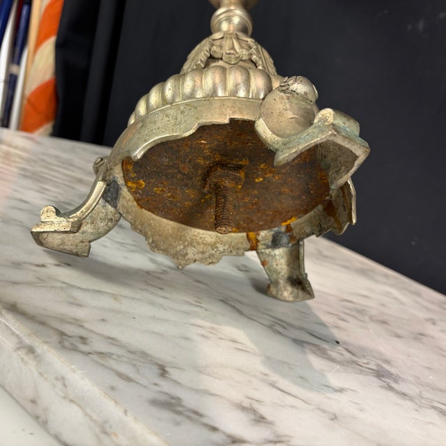 Antique French Gilt Metal Church Altar Candlestick Table Lamps - Pair For Sale - Image 4 of 8