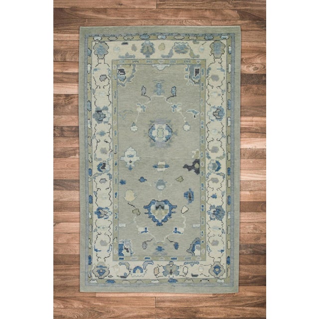 Early 21st Century Green & Blue Floral Design Handwoven Wool Turkish Oushak Rug 3'10" X 6'1" For Sale In Houston - Image 6 of 7