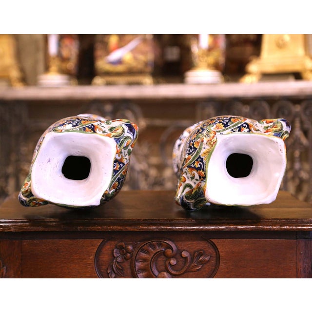 Ceramic Pair of Early 20th Century French Hand Painted Faience Vases From Rouen For Sale - Image 7 of 8