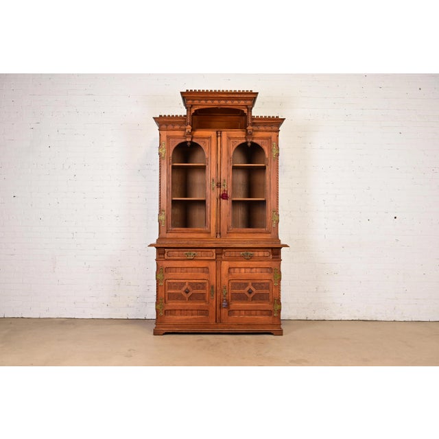Herter Brothers Style Antique Victorian Carved Oak Breakfront Bookcase Cabinet, Circa 1880s For Sale - Image 15 of 15